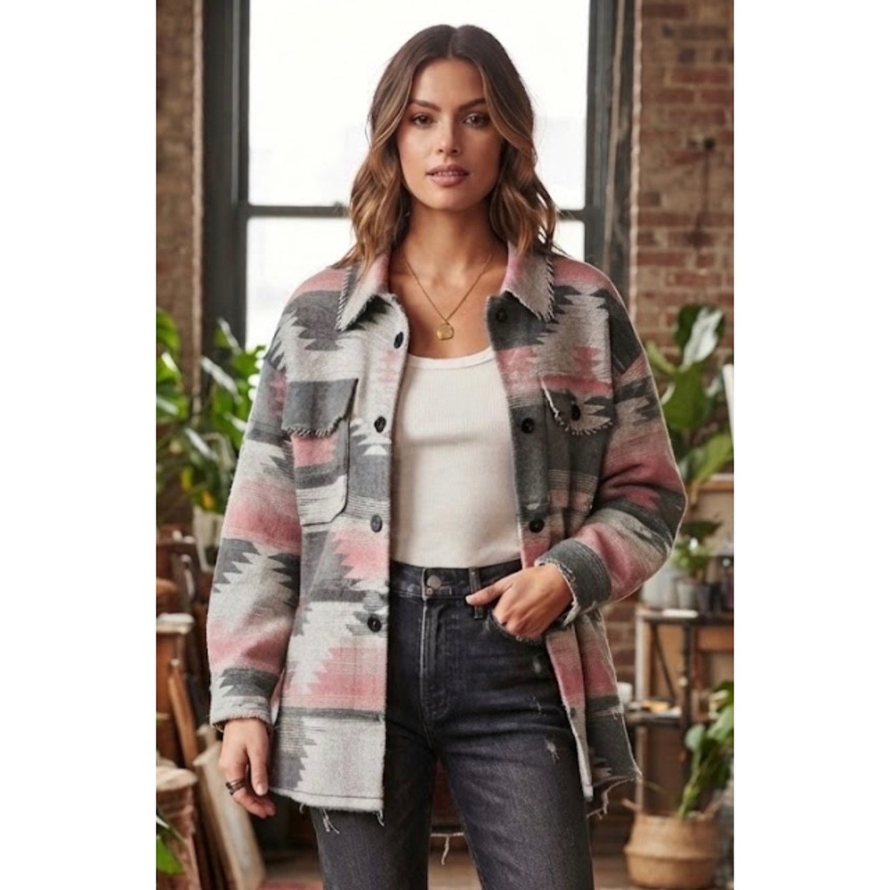 La Miel Southwestern Aztec Shacket Grey Pink Geometric Button Up Jacket Medium